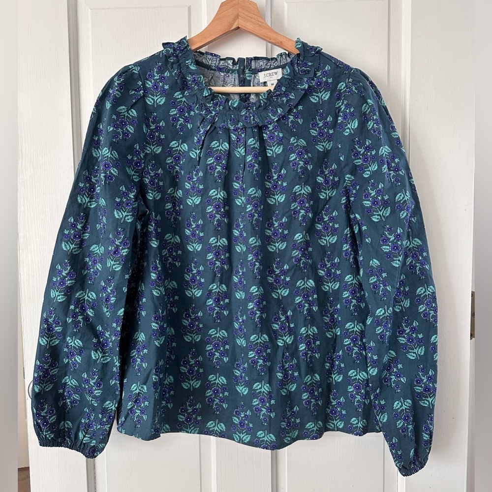 J. CREW Long Sleeve Ruffleneck Poplin Blouse Floral Spruce Antique Navy Size M